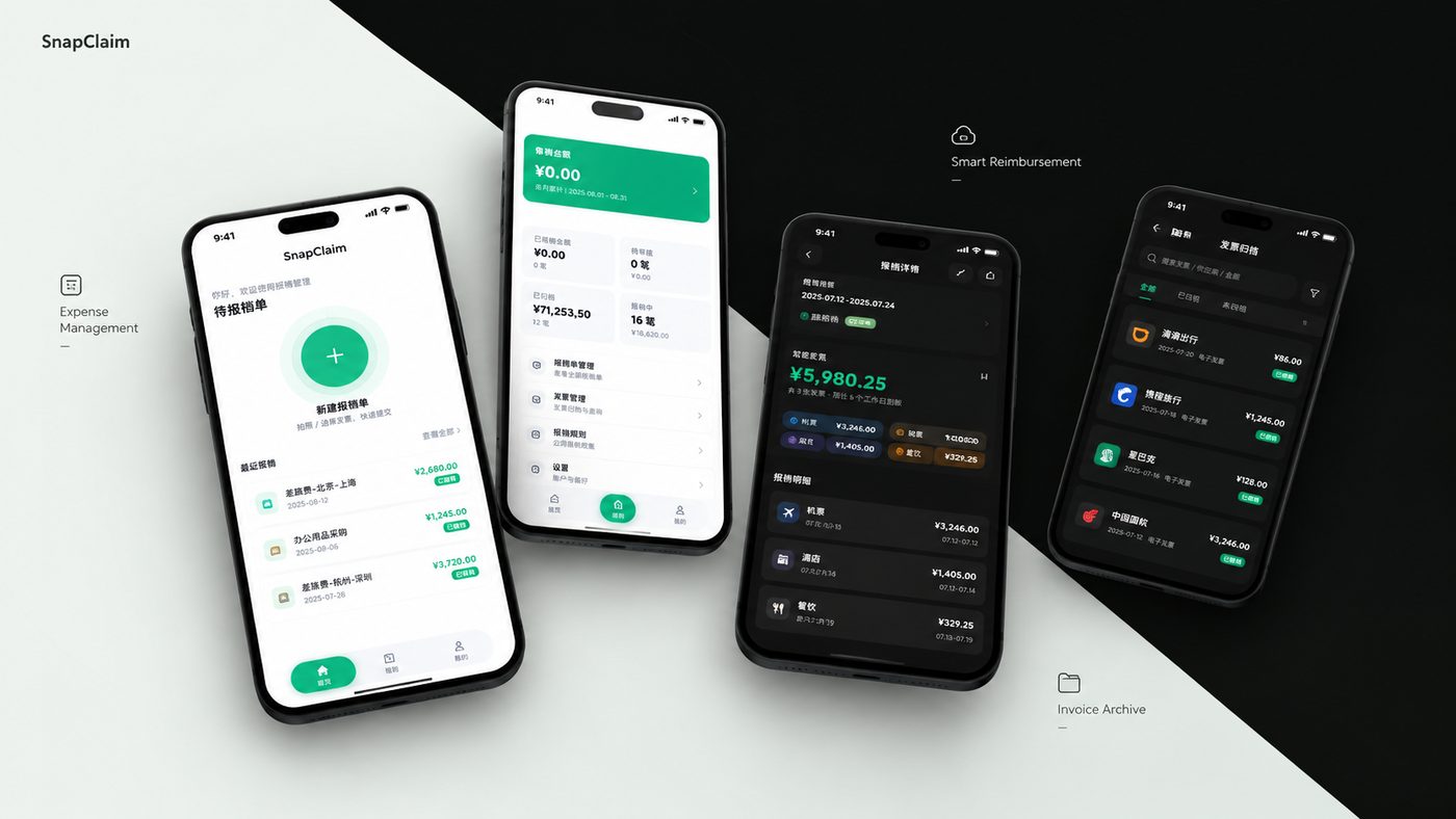 SnapClaim 主界面、报销明细与归档页截图